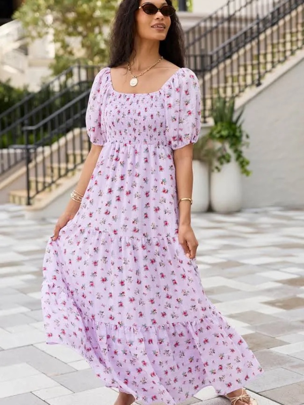 Pink Lily Lavender Floral Maxi Dress with Puff Sleeves